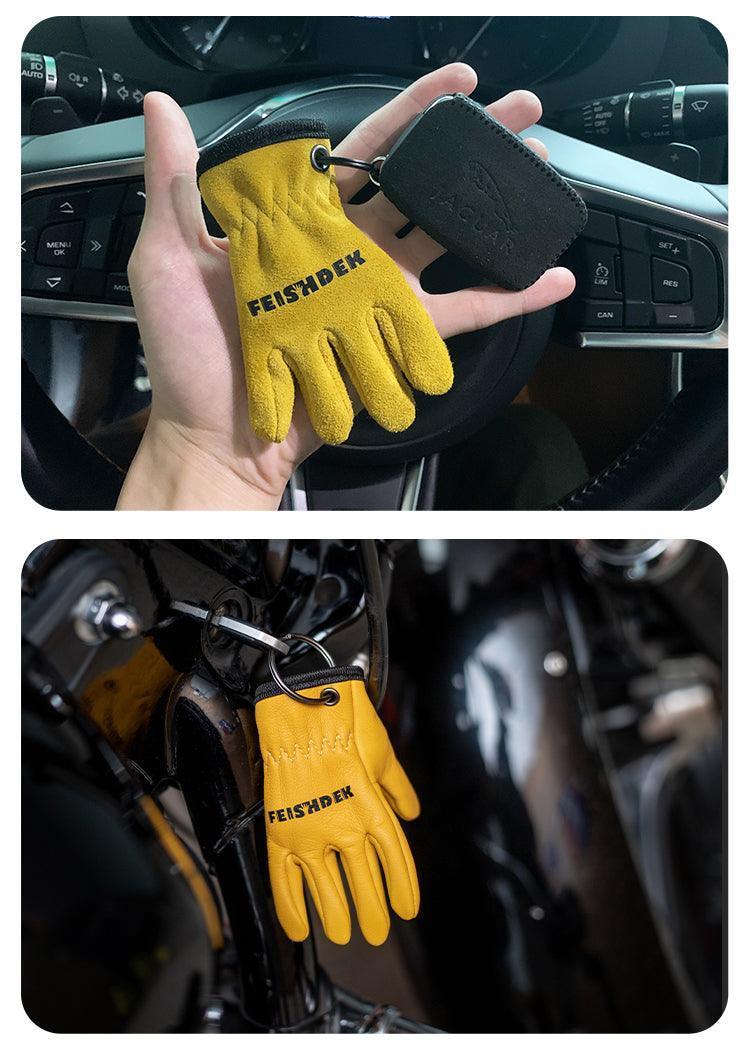Vintage handcrafted leather motorcycle glove keychain by Bean's Moto Booth, featuring detailed leather craftsmanship and motorcycle-inspired design.