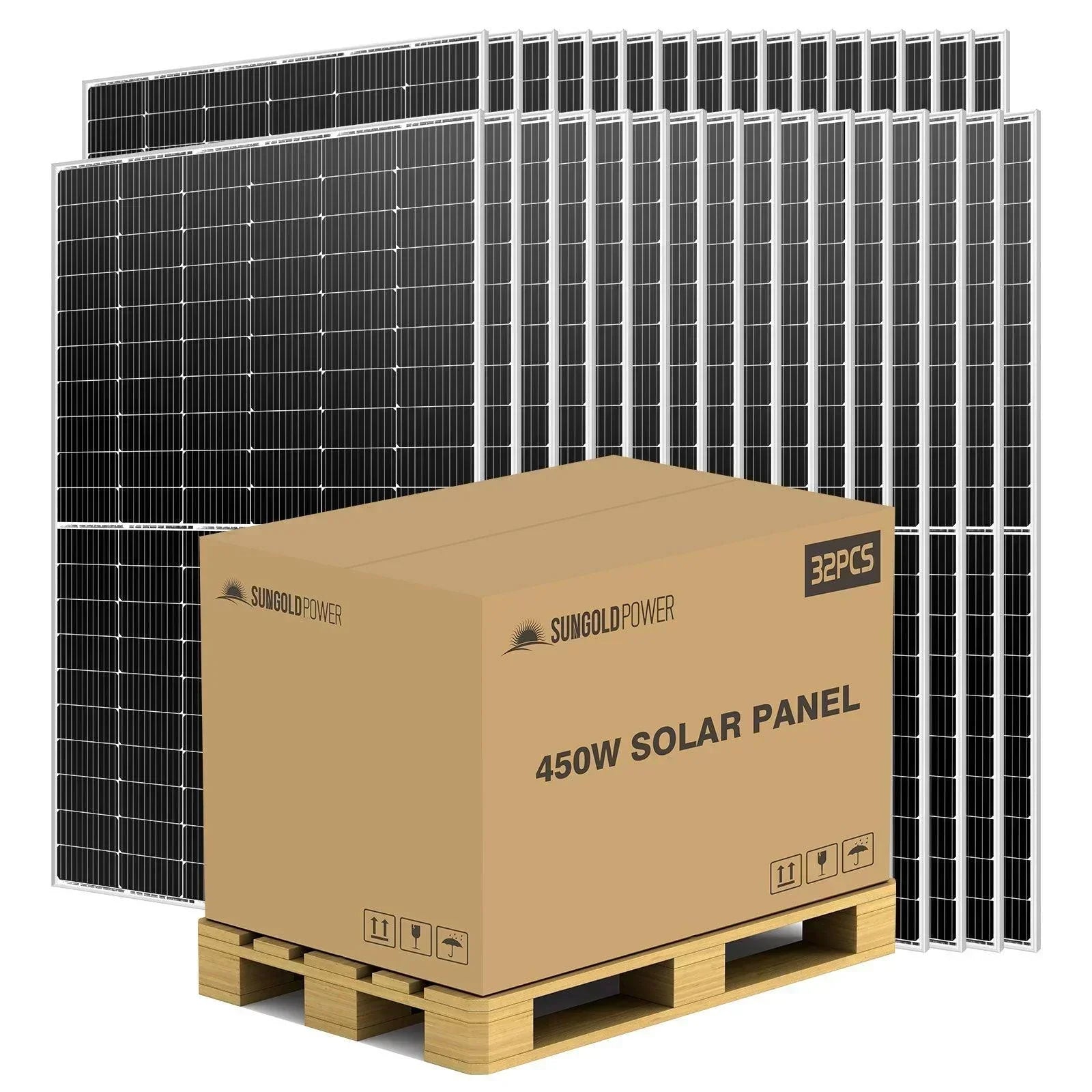 Green Vista Living Sungold Power 450W mono PERC solar panels on pallet, 32 panels for residential or commercial solar energy systems.