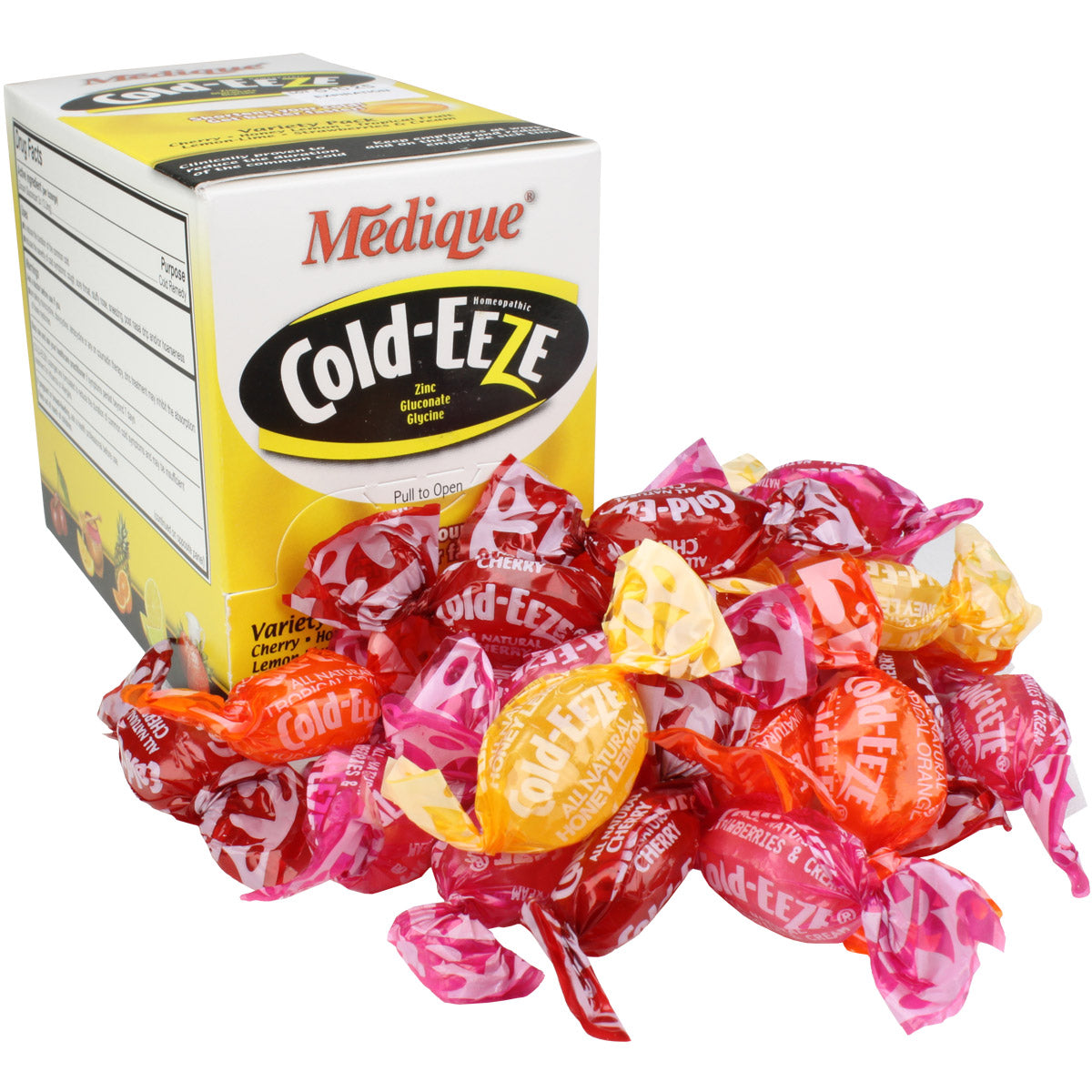 Cold-Eeze cherry-flavored lozenges in a box, soothing medicine for cold relief, produced by quakekits.com