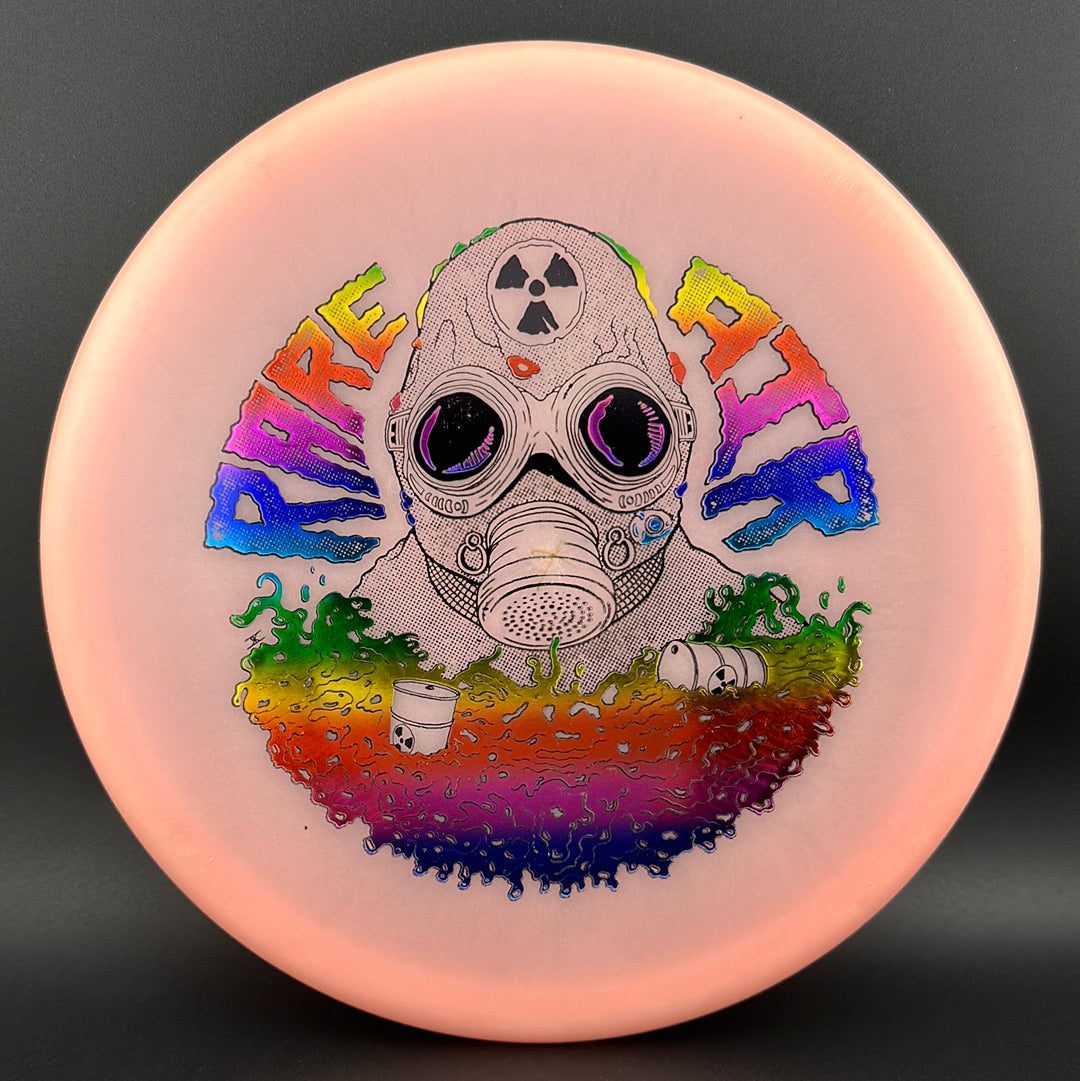 Rare Air Discs Lunar Recon Mortar F2 disc golf disc in radioactive man stamp with colorful lunar design on a white background.
