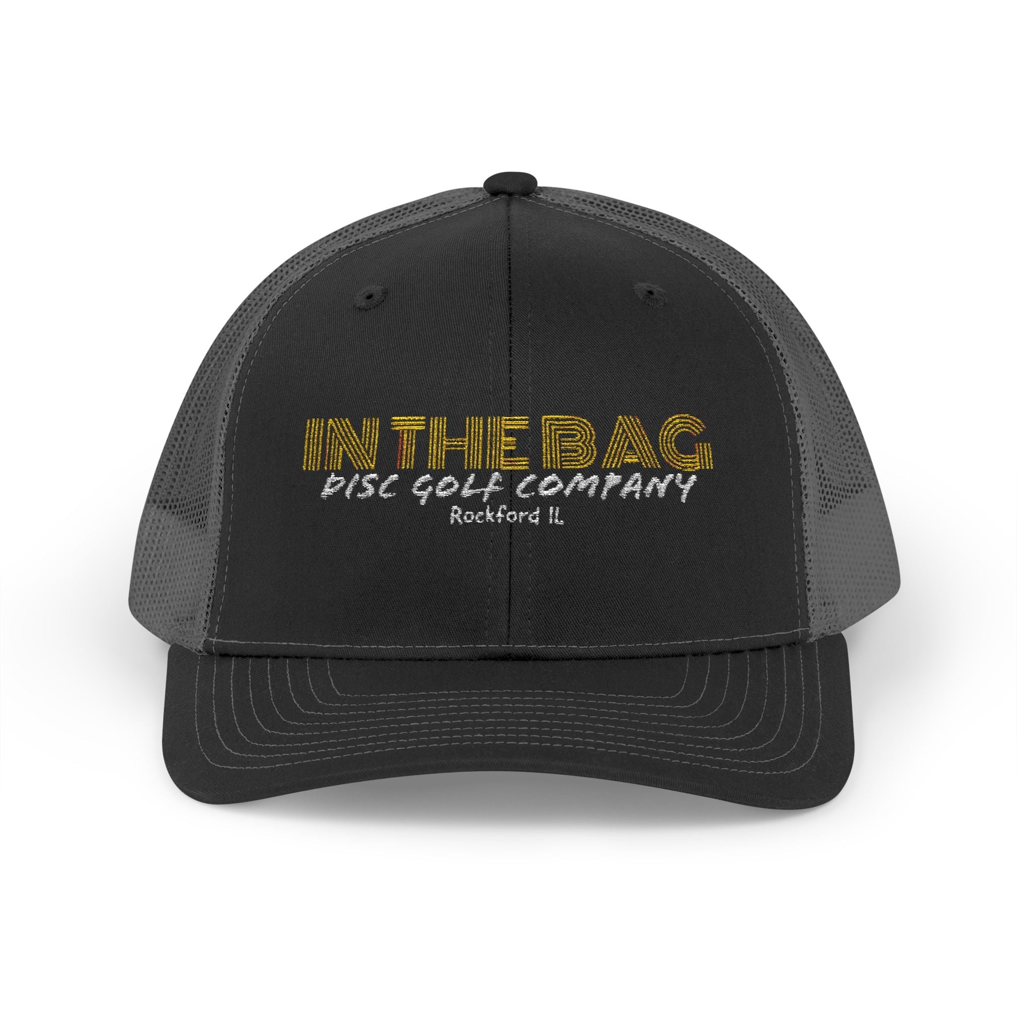 In The Bag Disc Golf Company trucker cap with adjustable mesh back and embroidered logo on front.