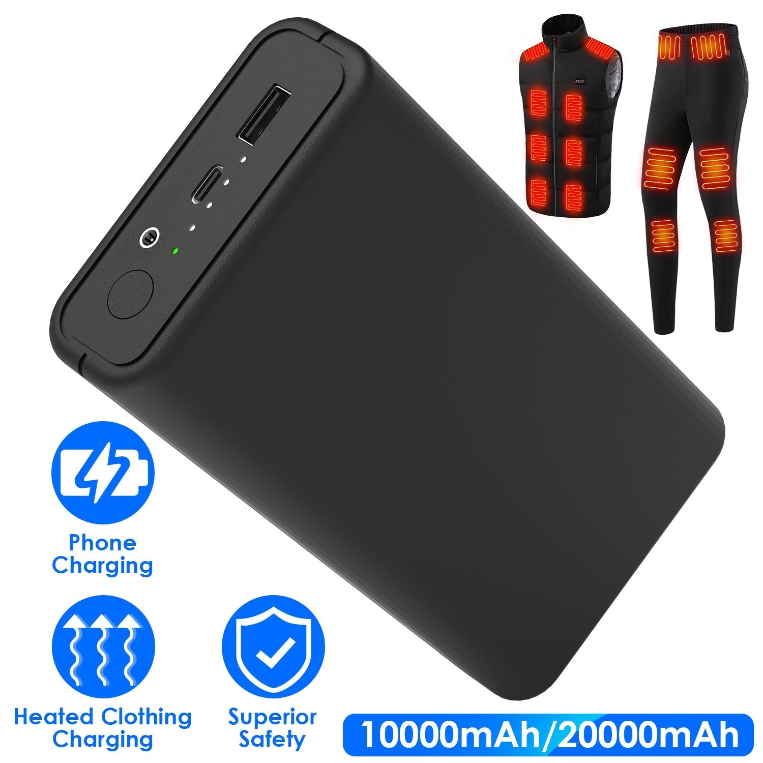 20000mAh 5V 2A Power Bank for Heated Jackets Vests Pants Gloves Scarves DC 7.4V 2A Heated Clothing Replacement Battery Pack for Men Women - OVERLANDERS Outfitter