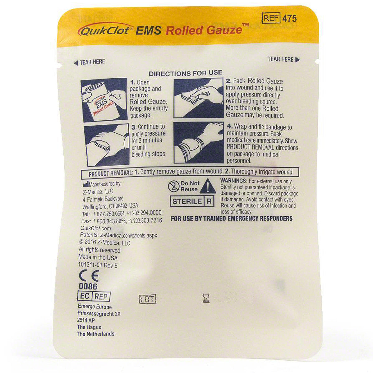 QuikClot EMS rolled gauze, 3 x 48 inches, for bleeding management, with sterile, absorbent medical-grade material.
