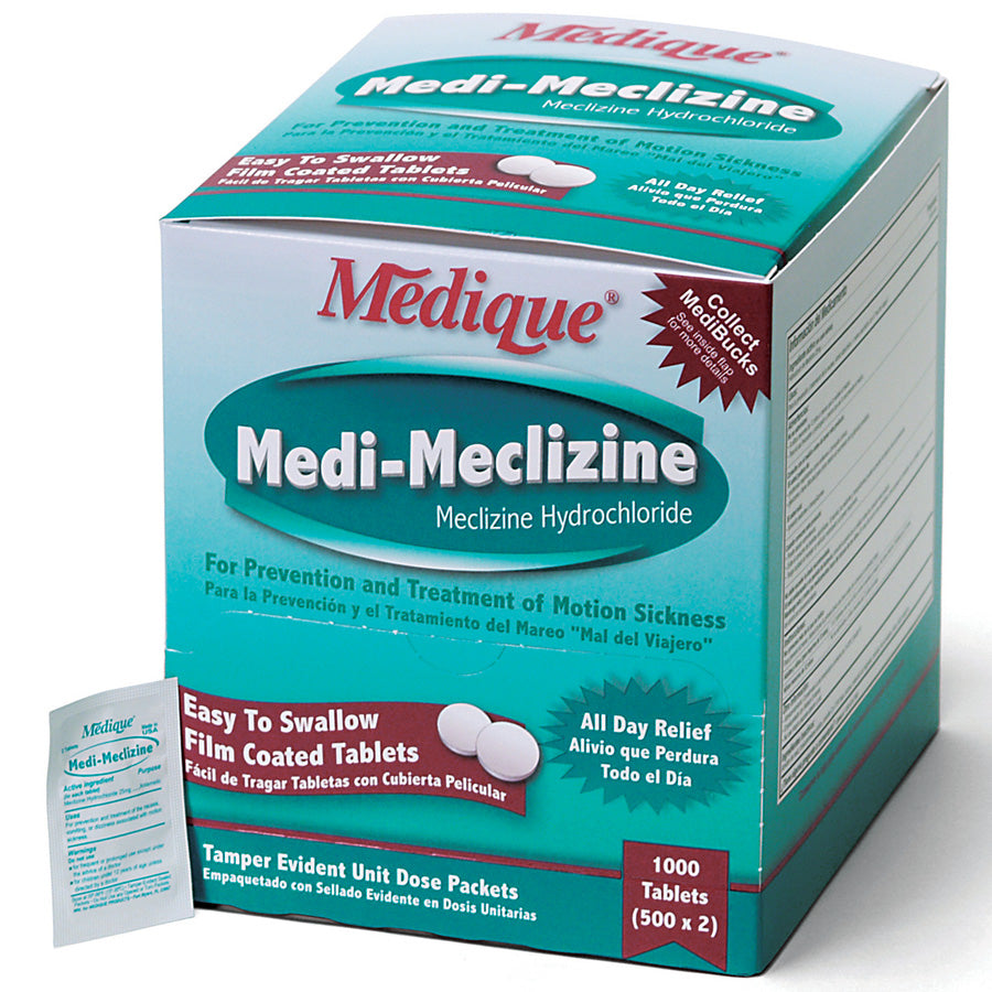 Box of Medi-Meclizine medication for motion sickness, containing 1000 tablets, by QuakeKits.com.