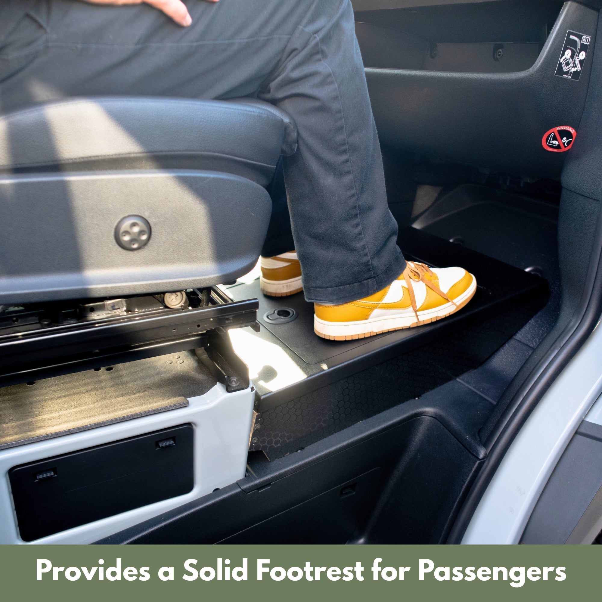 The Van Mart Sprinter Footrest Storage with sleek design, enhancing vehicle organization and comfort.