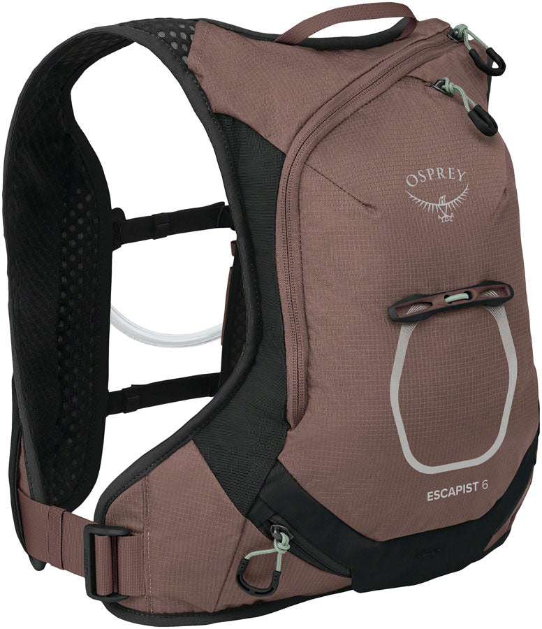 Osprey Escapist Velocity 6 Hydration Pack in Magma Brown and Elderberry Purple, large size, displayed with adjustable straps.