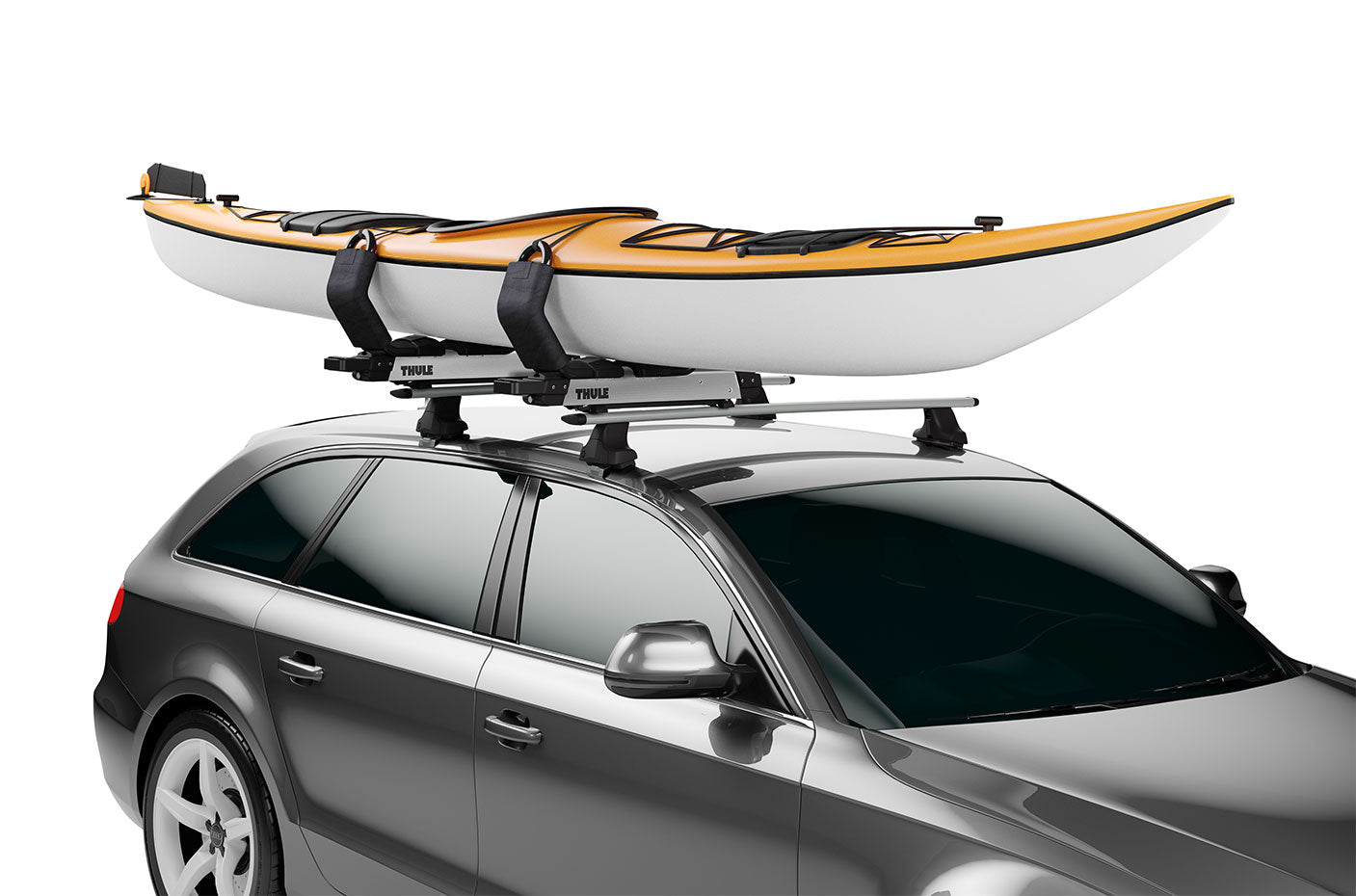 Thule Hullavator Pro water sport racks mounted on vehicle roof, designed for winter and water sports gear by Backcountry Sportsman