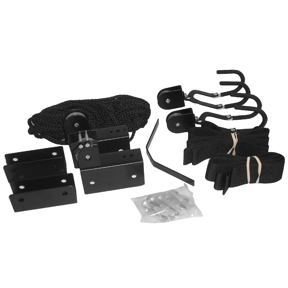 Black Attwood kayak hoist system by Wake World Parts, showing the hanging kayak lift and pulley accessories for boat storage.