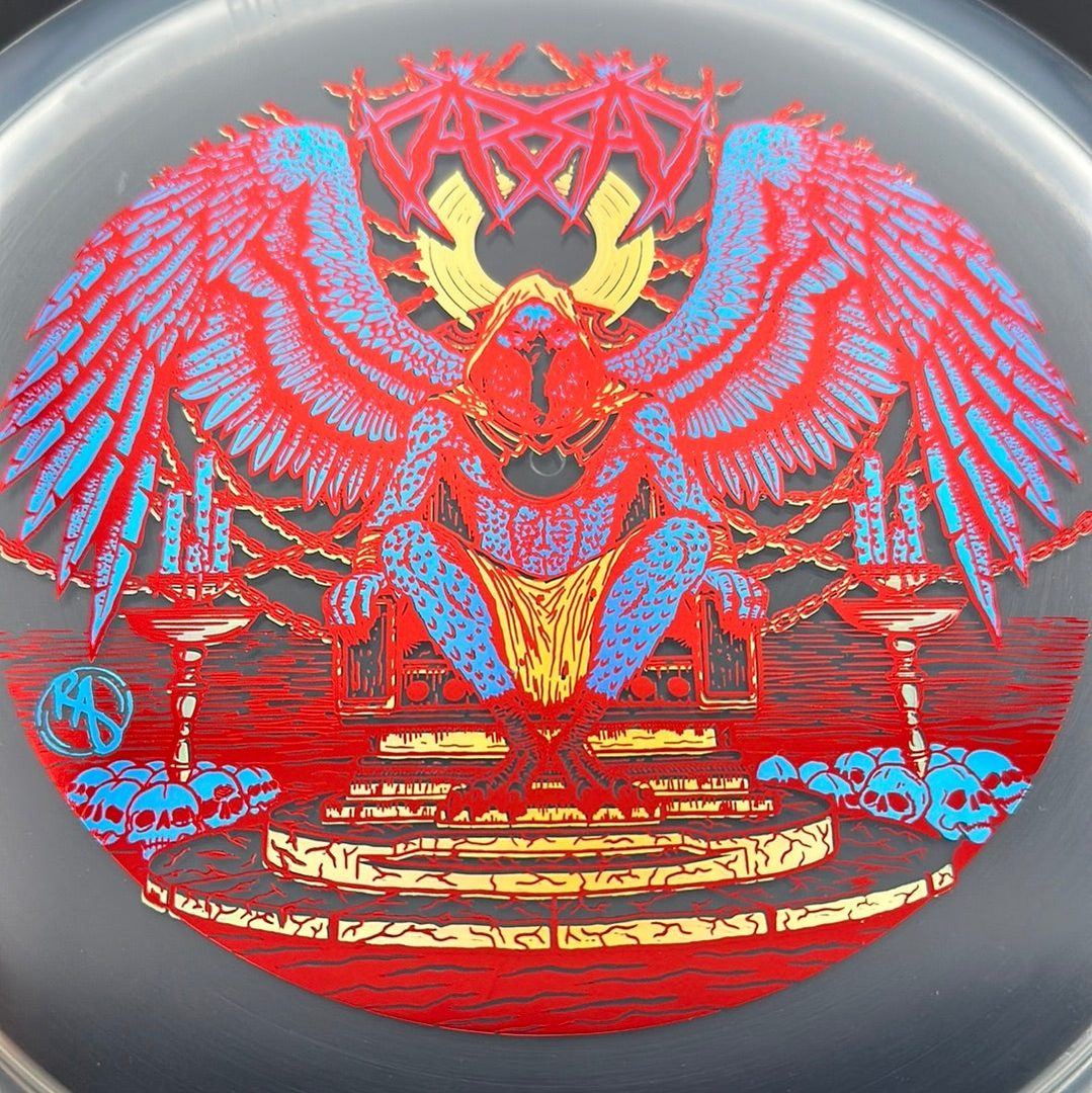 CryZtal Buzzz disc golf disc by Rare Air Discs, featuring Karudi the Overseer design, shown with vibrant colors on a white background.