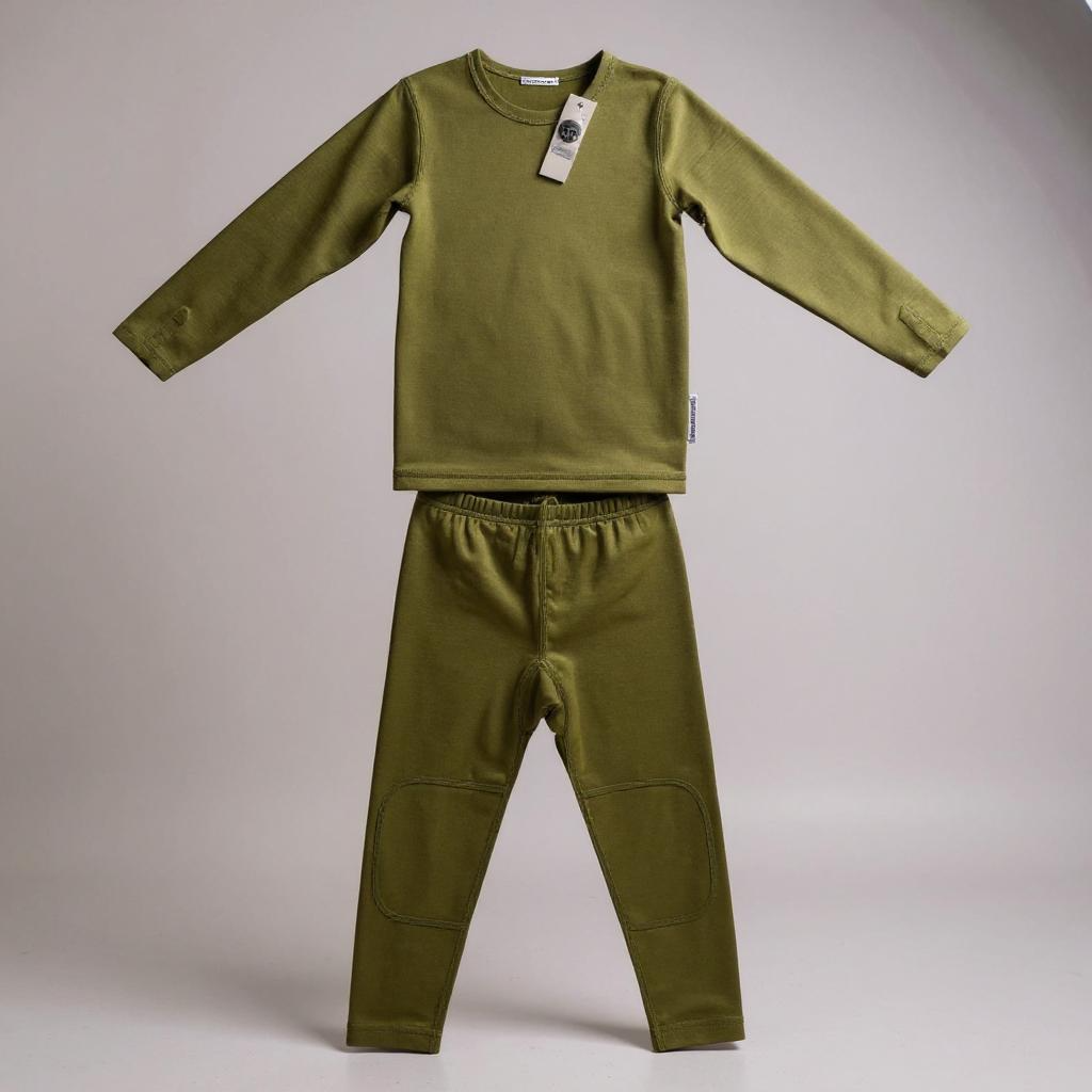 Keep the Littles Wild premium kids merino wool base layer in sage, showcasing the ultra-soft thermal underlayer for warmth.