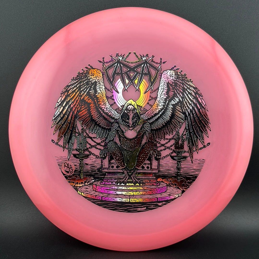ESP Glo Buzzz disc golf disc by Rare Air Discs featuring Karudi the Overseer design from Cult of RAD collection.