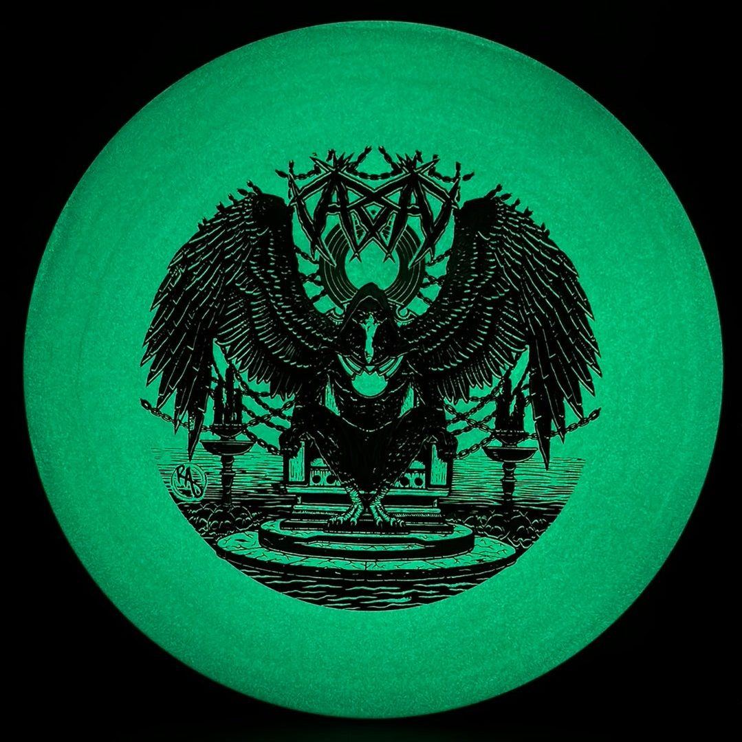 ESP Glo Buzzz disc golf disc by Rare Air Discs featuring Karudi the Overseer artwork, vibrant glow-in-the-dark design.