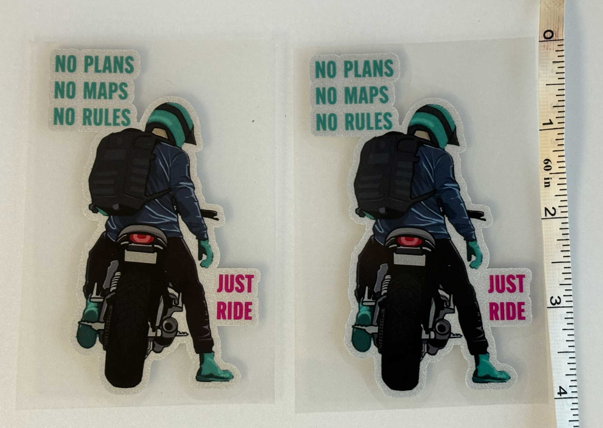 Bean's Moto Booth Just Ride waterproof reflective decorative sticker shown on a surface, ideal for bikes and gear.