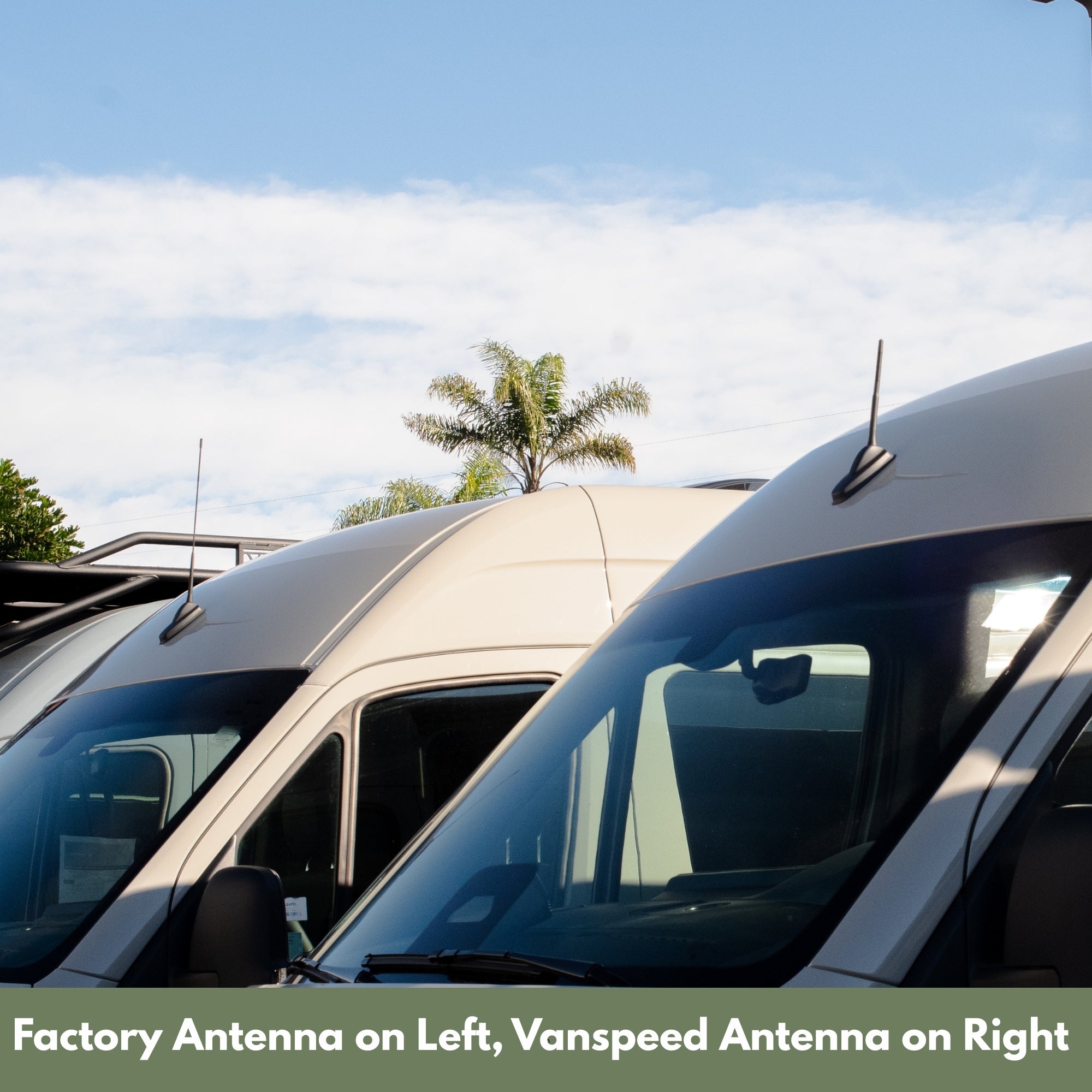 Sprinter short antenna by The Van Mart, compact black vehicle radio antenna mounted on a vehicle roof.
