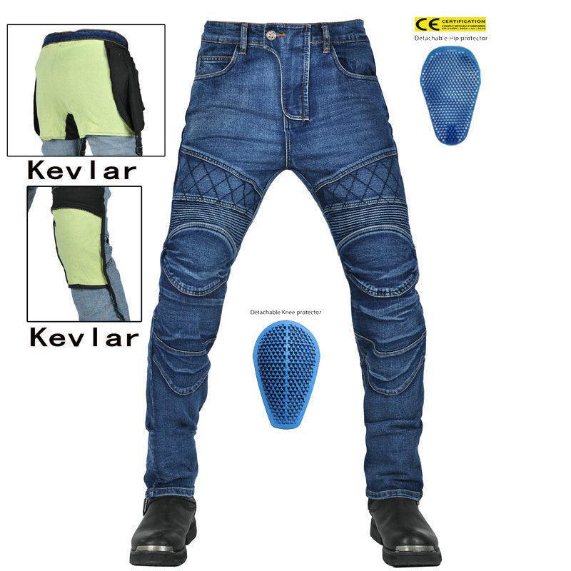 Bean's Moto Booth LOONG BIKER™ Cross Fire Kevlar motorcycle jeans for men, showing black motorcycle pants with reinforced Kevlar panels.
