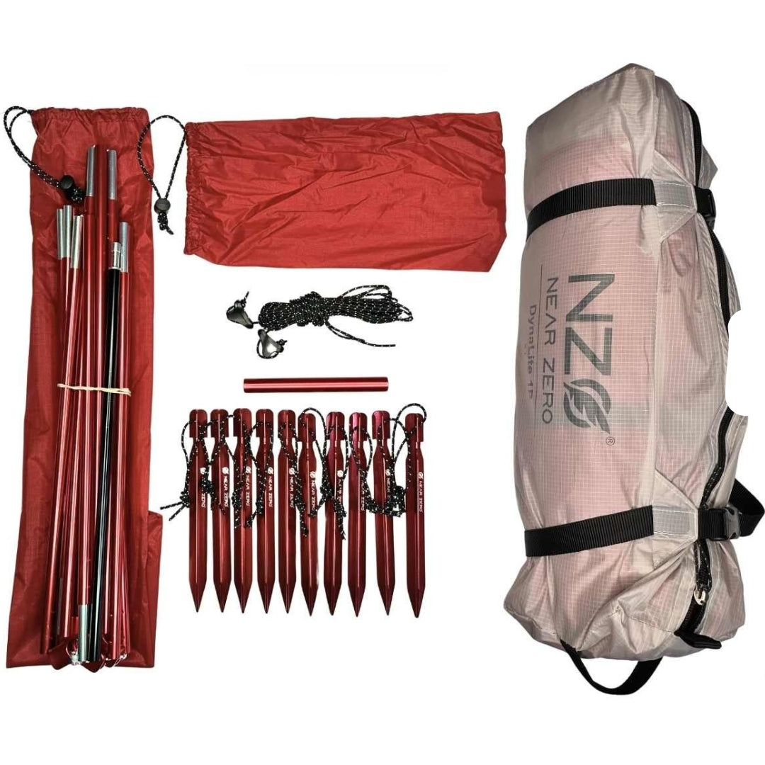 Near Zero Outdoor Gear DynaLite 1P Tent set up outdoors, showcasing lightweight camping tent with durable fabric and compact design.