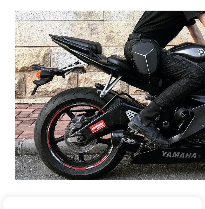 Albers ShadowStrike motorcycle leg bag with adjustable strap and multiple compartments, designed for secure motorcycle riding storage.