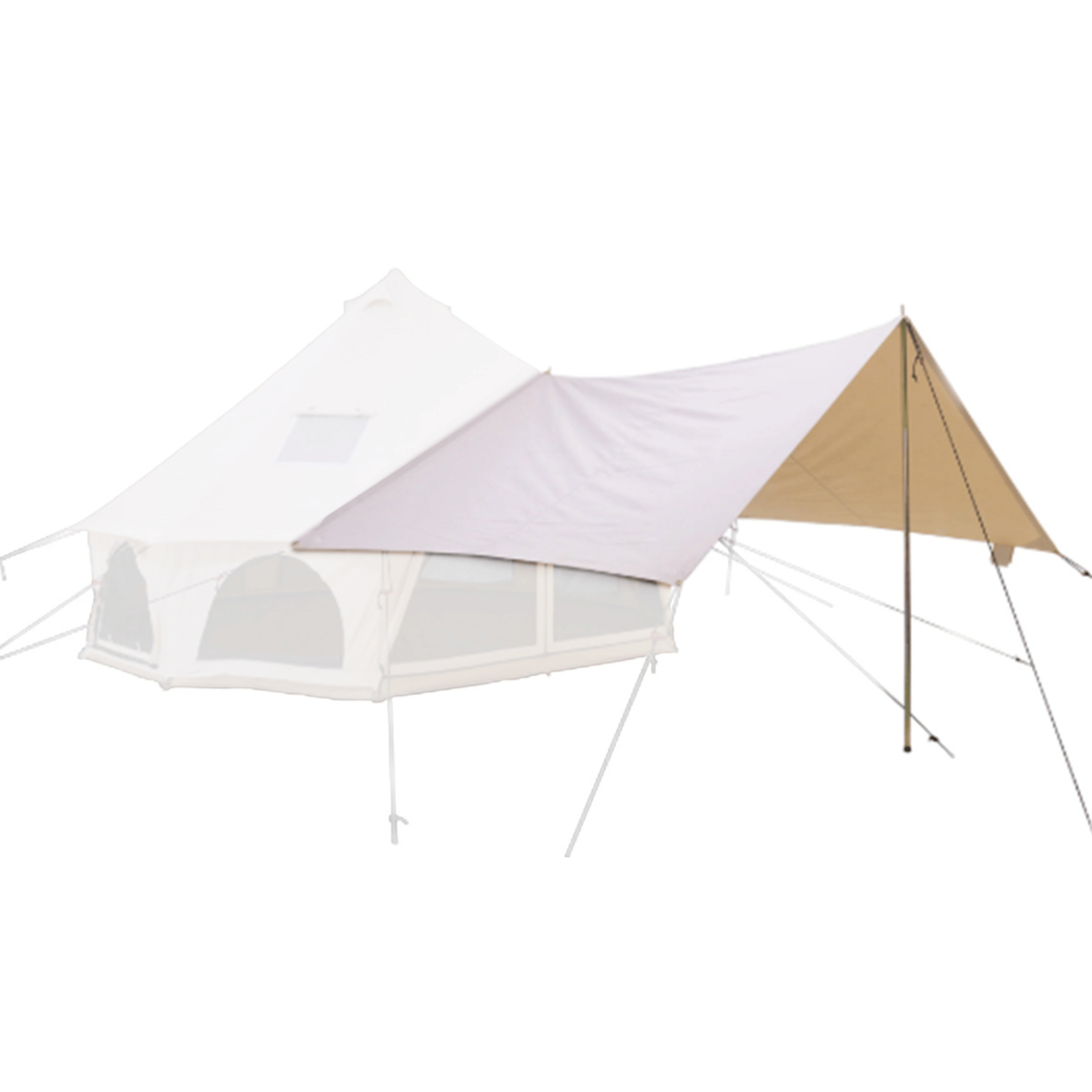 White Duck Outdoors Regatta awning attached to a bell tent, providing shade and extra covered outdoor space.