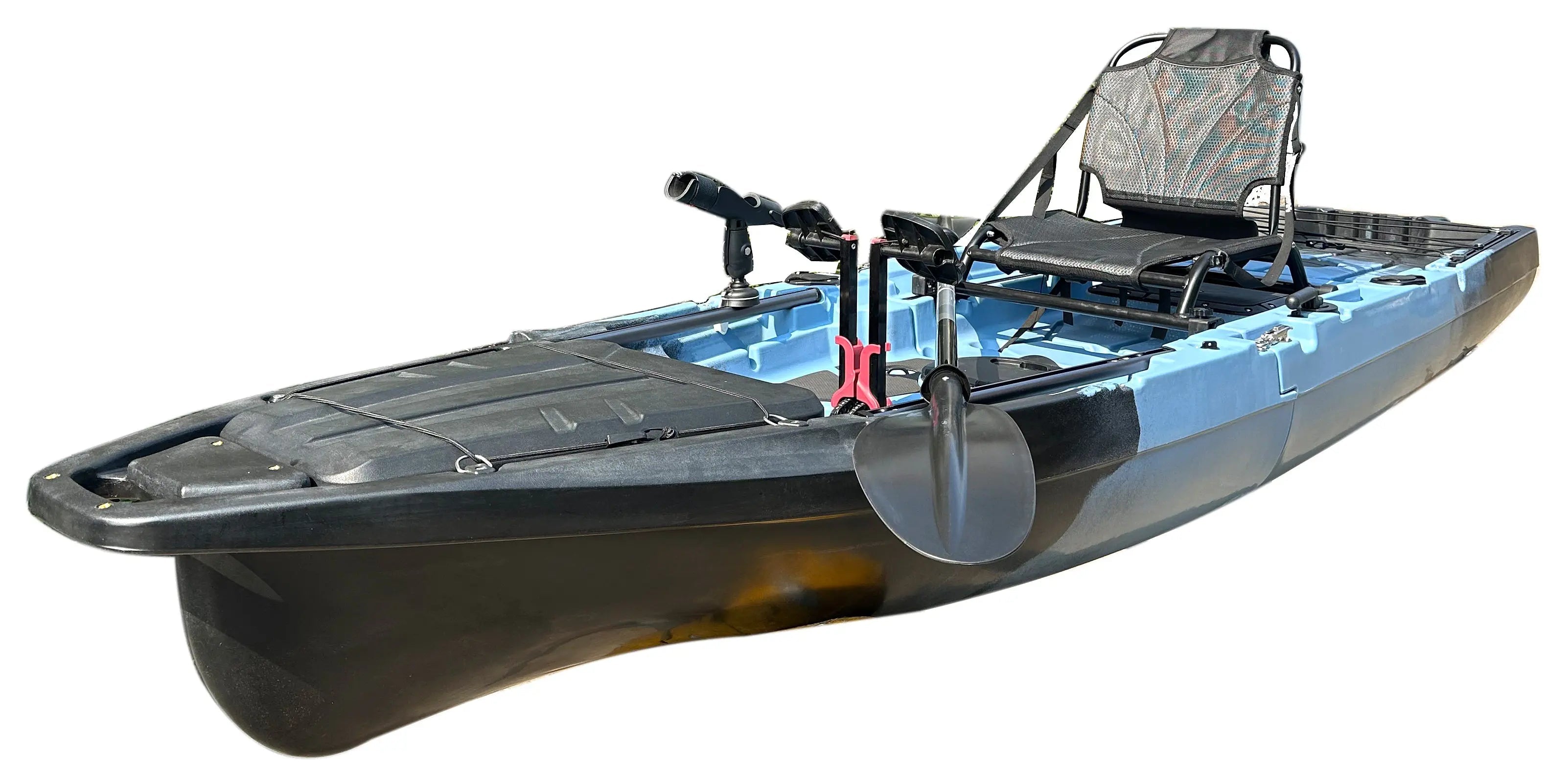 ReelYaks 10ft Recon Modular Fin Drive Pedal Fishing Kayak with two-piece design and 430lbs capacity, shown on water.