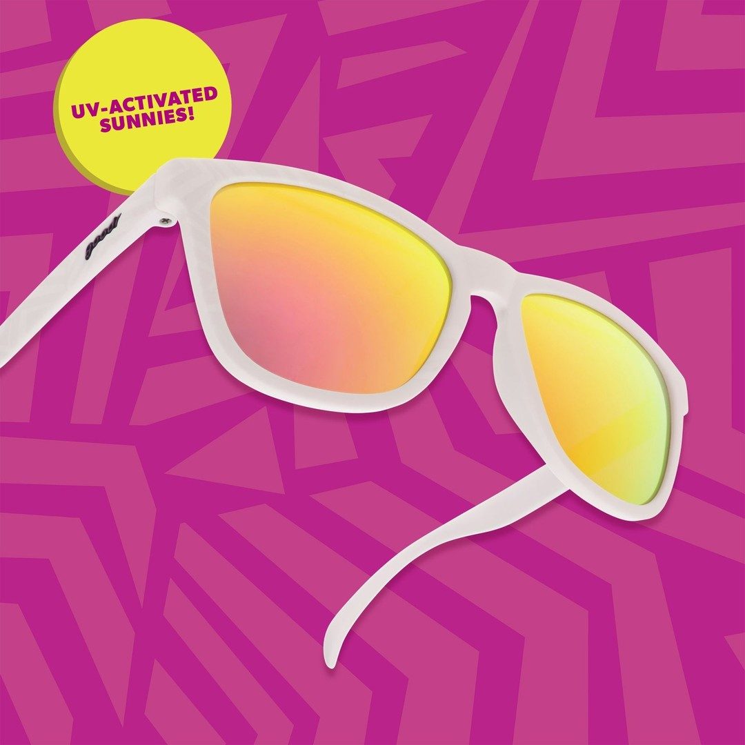 Color changing polarized sunglasses from Rare Air Discs' Neon Is My Neutral collection, shown in packaging.