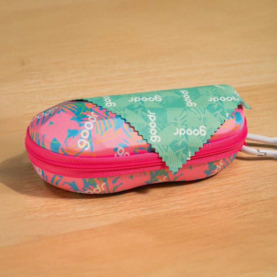 Four Rare Air Discs "We Made A Good Case" sunglasses cases with carabiners, shown in packaging with colorful branding.