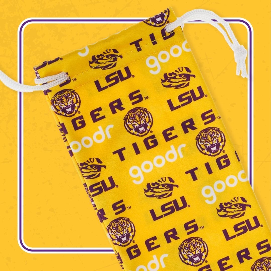 Set of four LSU “Geaux Tigers” Rare Air Discs polarized sunglasses with packaging, featuring collegiate team logo and accessories.