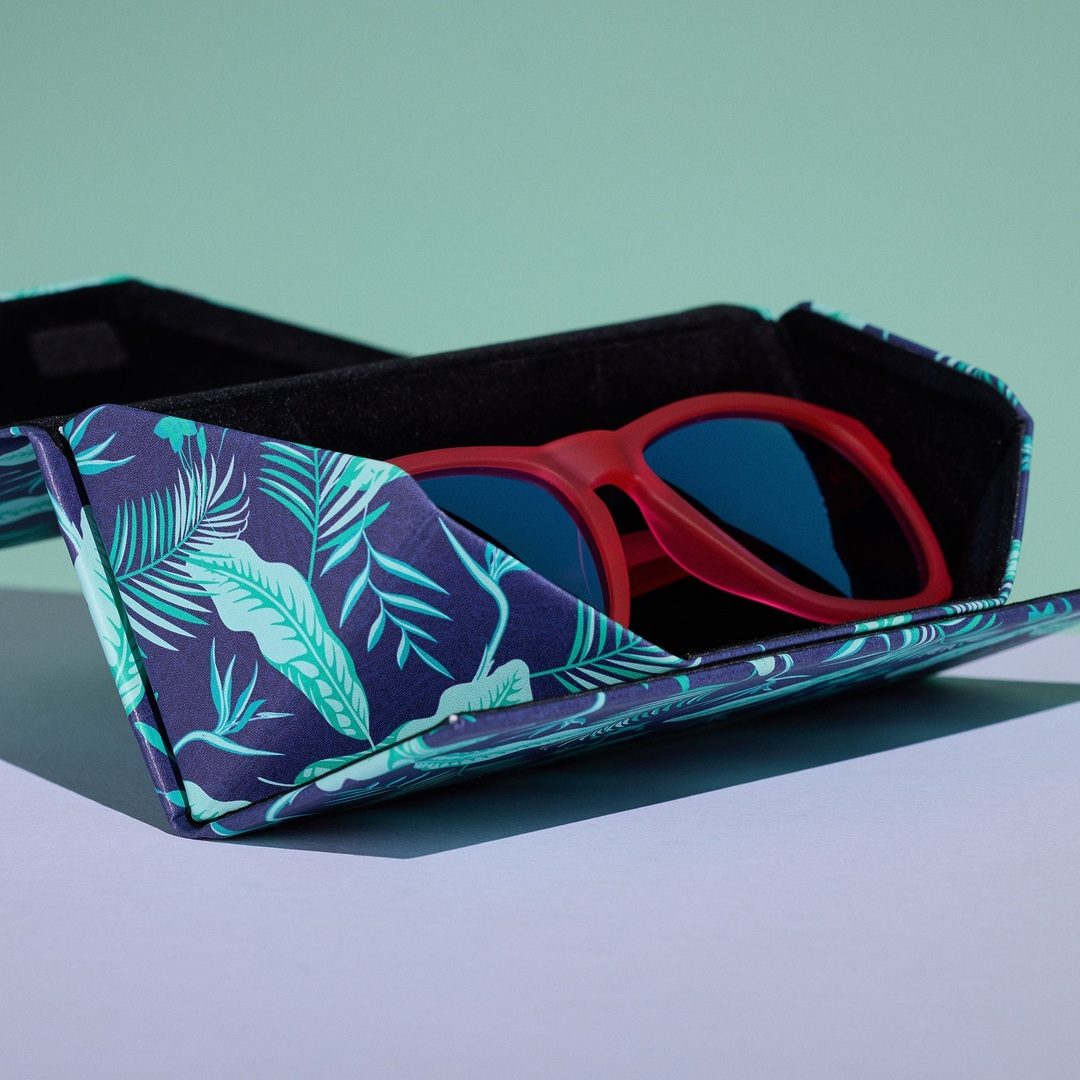 Rare Air Discs Enter The Fold folding sunglasses case with compact, protective design, shown in its packaging.