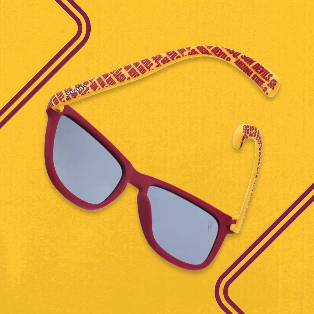 Pair of Rare Air Discs "Forks Up, Sunnies On" ASU Collegiate OG Polarized Sunglasses in packaging, featuring sleek frame and tinted lenses.