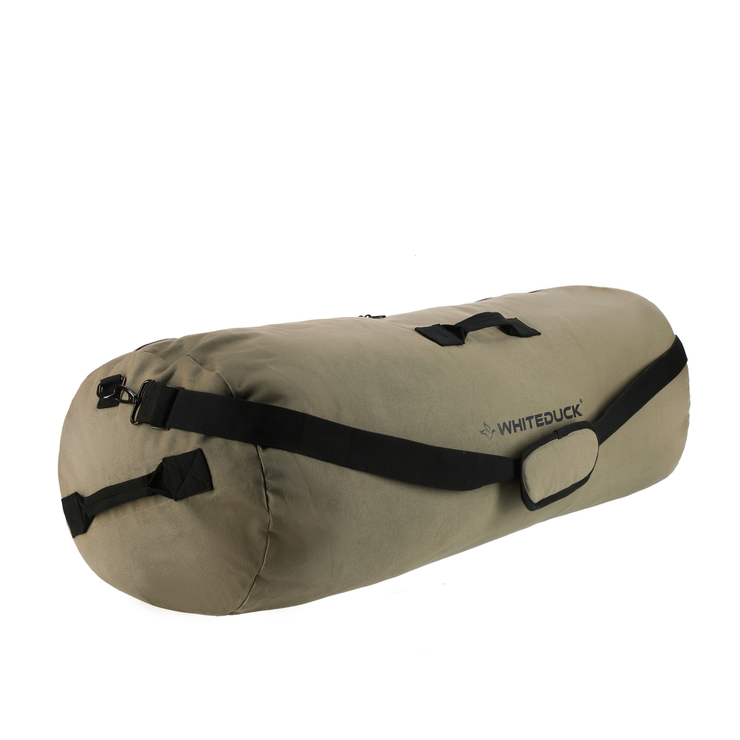 White Duck Outdoors Hoplite Canvas Duffel Bag showing sturdy beige canvas material and adjustable shoulder strap.