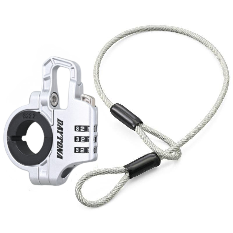 Bean's Moto Booth Daytona™ motorcycle handlebar helmet lock attached to a helmet, showcasing secure locking mechanism for motorcycle safety.