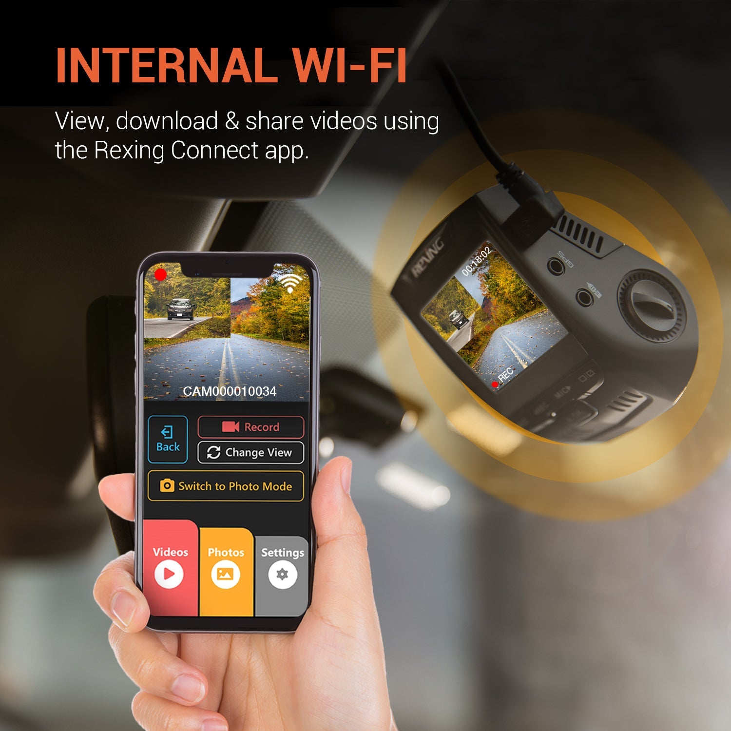 Rexing V1P 4K dual channel dash cam showing front and rear cameras with Wi-Fi connectivity in a car interior