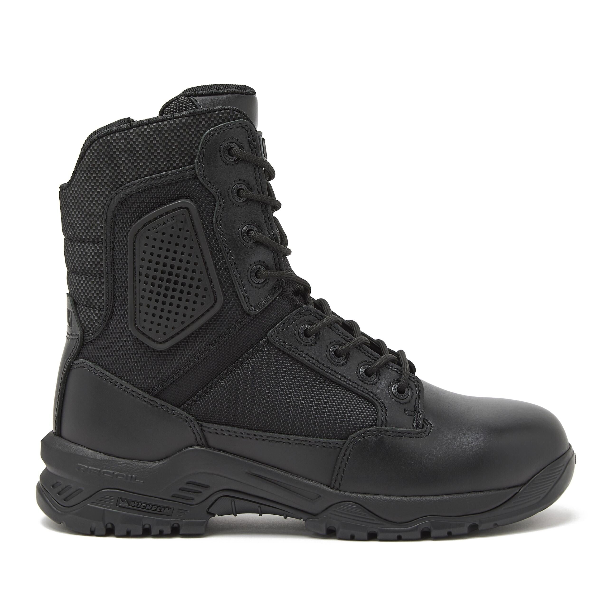 Magnum Boots Strike Force 8-inch tactical boots in size, featuring rugged black leather and durable rubber soles.