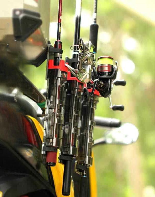 Motorcycle fishing rod storage rack by Bean's Moto Booth holding fishing rods mounted on a motorcycle side.