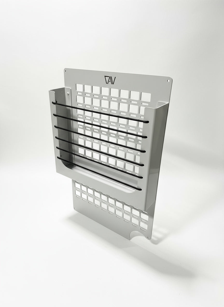 Ekko MOLLE Shelf System by Canyon Adventure Vans, made in Utah, showing durable metal shelves with MOLLE attachment points.
