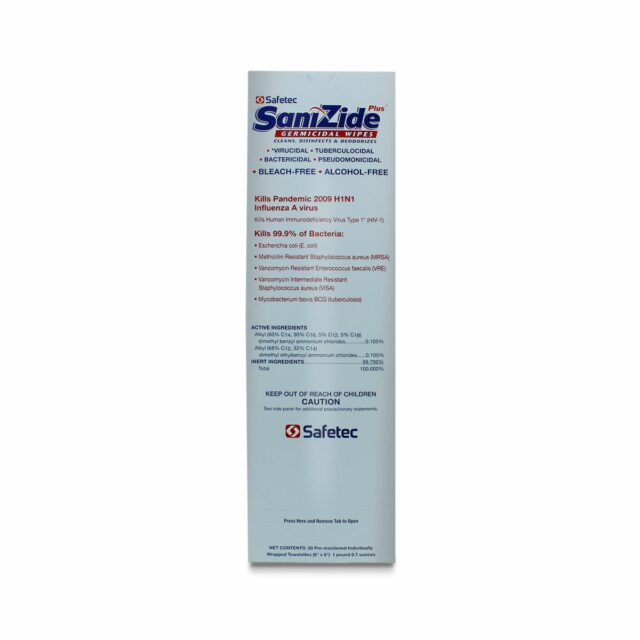 SaniZide Plus® Surface Disinfectant Wipes in a 50-count pack, ideal for sanitizing surfaces and first aid supplies.