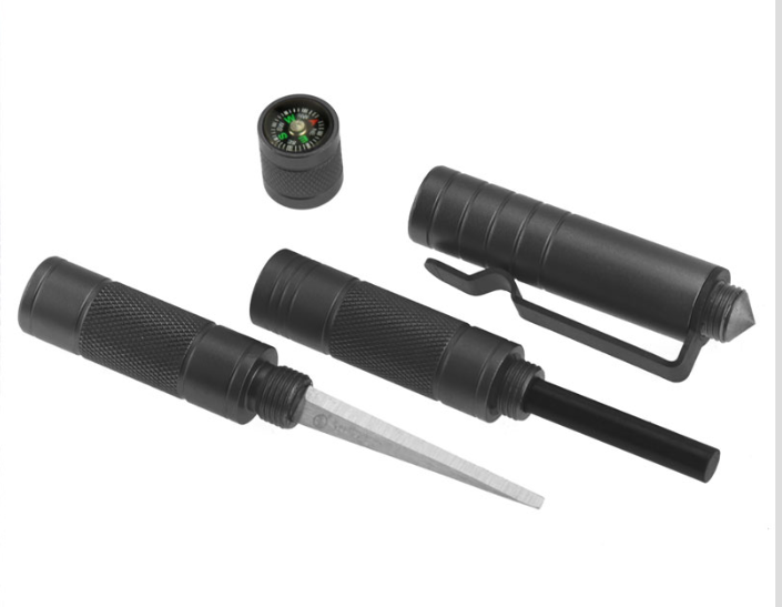 Compact 5-in-1 survival tool with tactical pen, glass breaker, window punch, and multi-tool functions for emergency use.