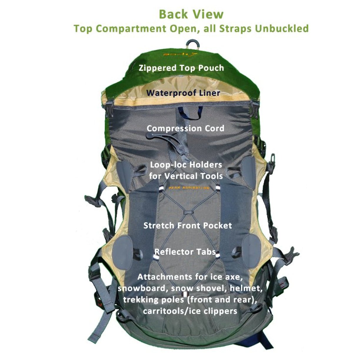 Light Hiking Gear Aarn Peak Aspiration Backpack in 50 or 60 liters, showing a durable hiking backpack with multiple compartments.