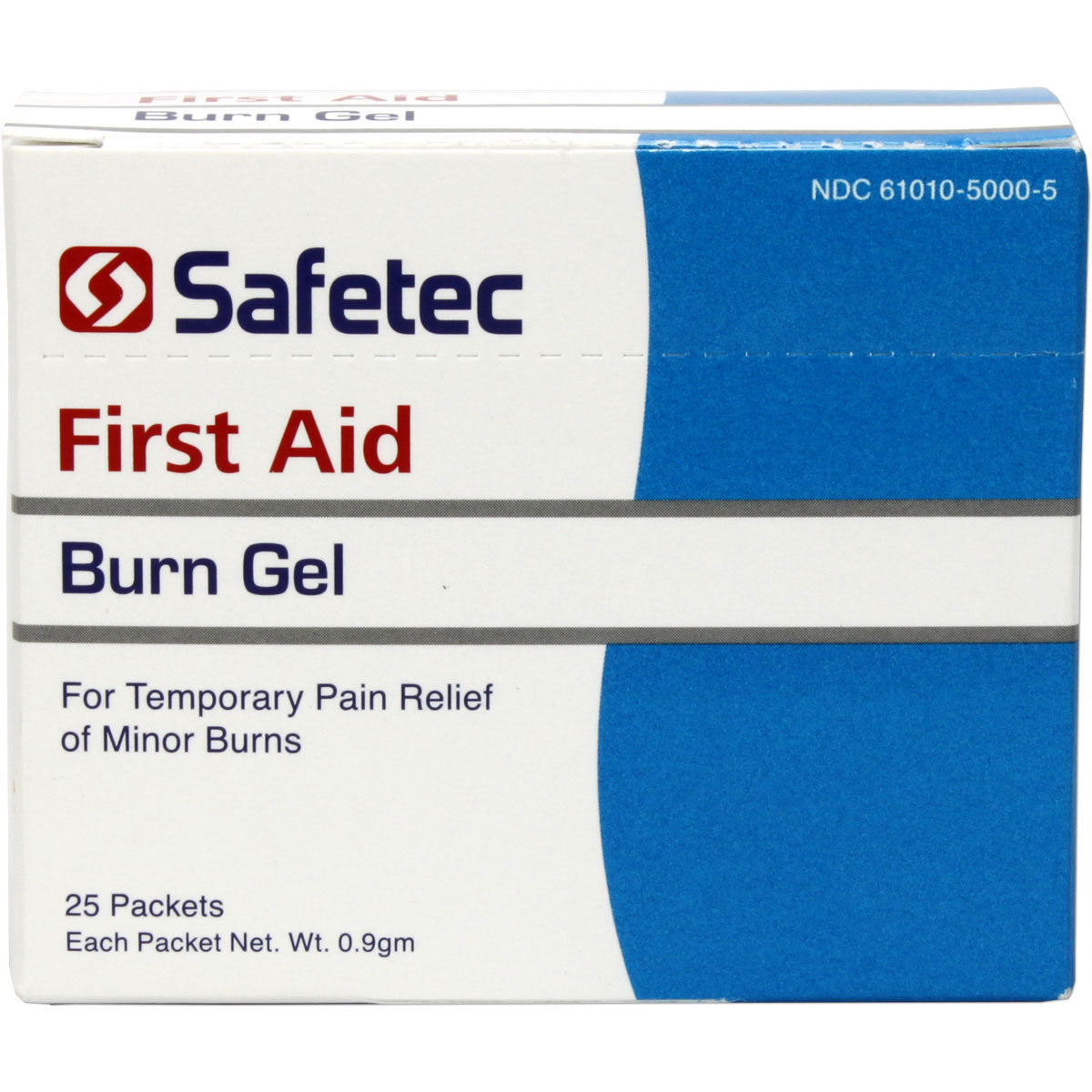 Burn gel in .9g pouches for burn treatment, shown in a box with 25 individual pouches, produced by quakekits.com.