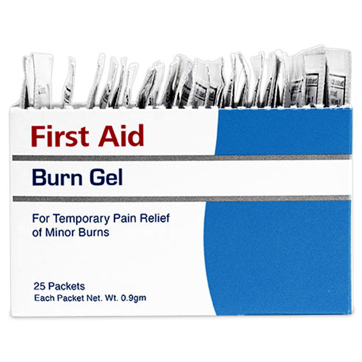 Burn gel pouch for burn treatment, 0.9g size, with 25 packets in the box, designed for quick relief from burns.