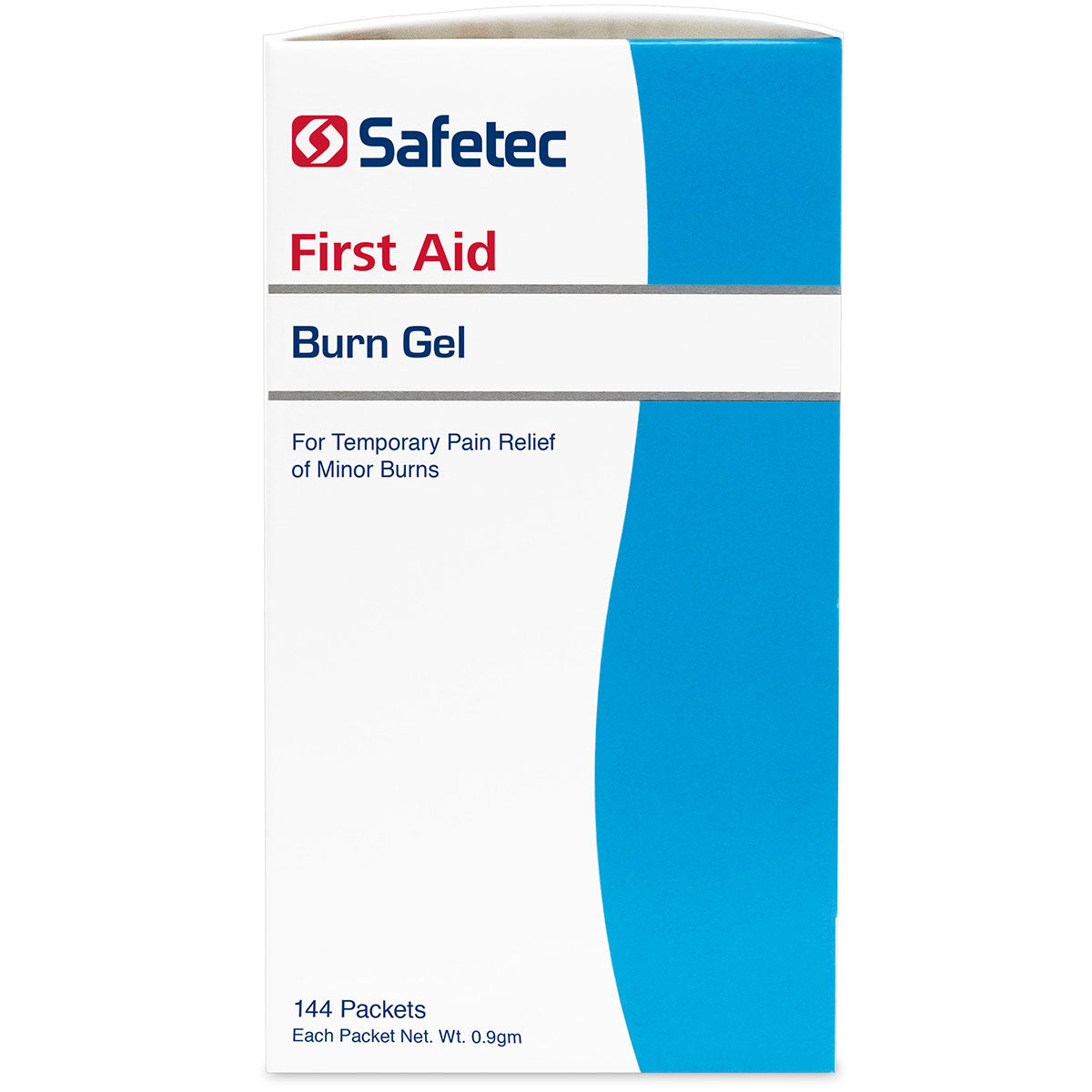 Burn gel pouch, .9gm size, 144 count box, ideal for treating burns, featuring clear labeling and packaging design.