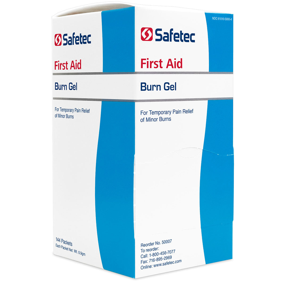 Burn gel in a .9gm pouch, 144 packs per box, ideal for treating burns and skin injuries, by quakekits.com.