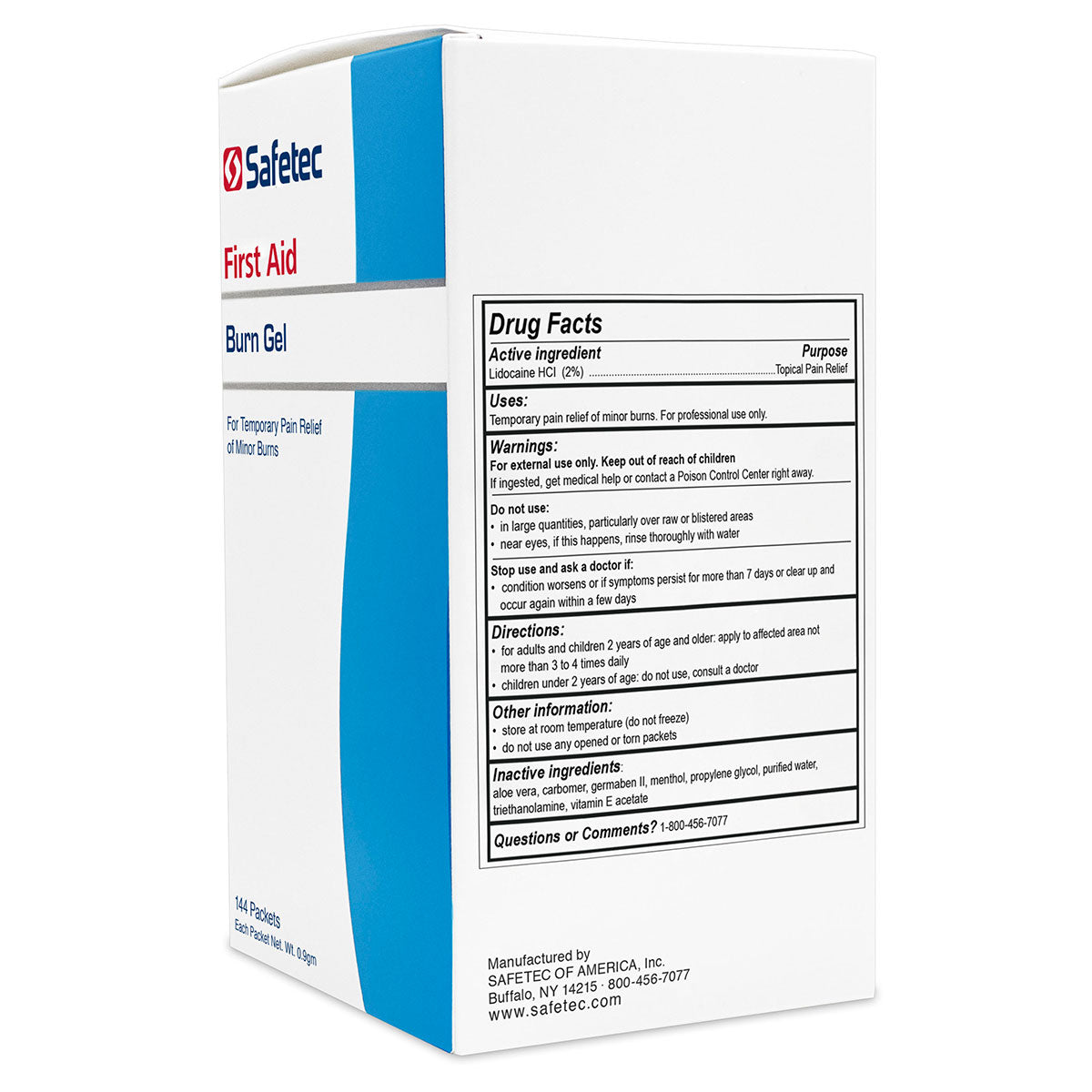 Burn gel pouch by quakekits.com, .9gm size, displayed in a box with 144 individual packets for first aid use.