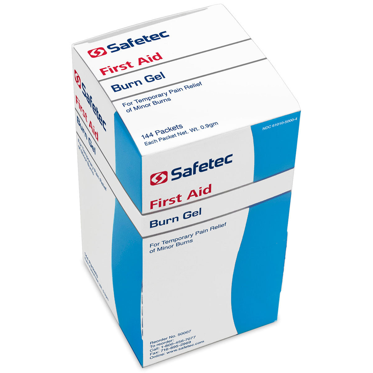 Burn gel pouch by QuakeKits, .9gm size, displayed in a box of 144, showcasing medicine and topical use for burns.