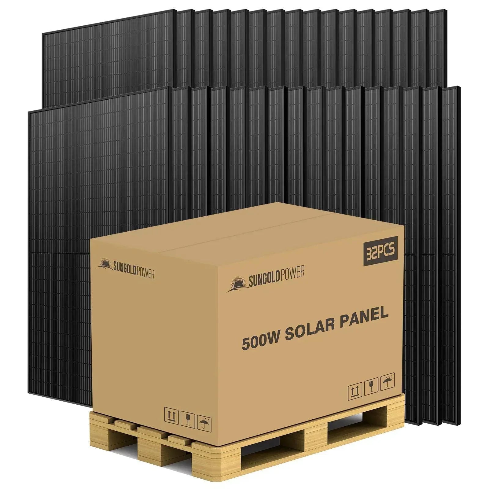 Green Vista Living Sungold Power 500W mono black PERC solar panel on full pallet, showcasing 32 high-efficiency monocrystalline solar panels.