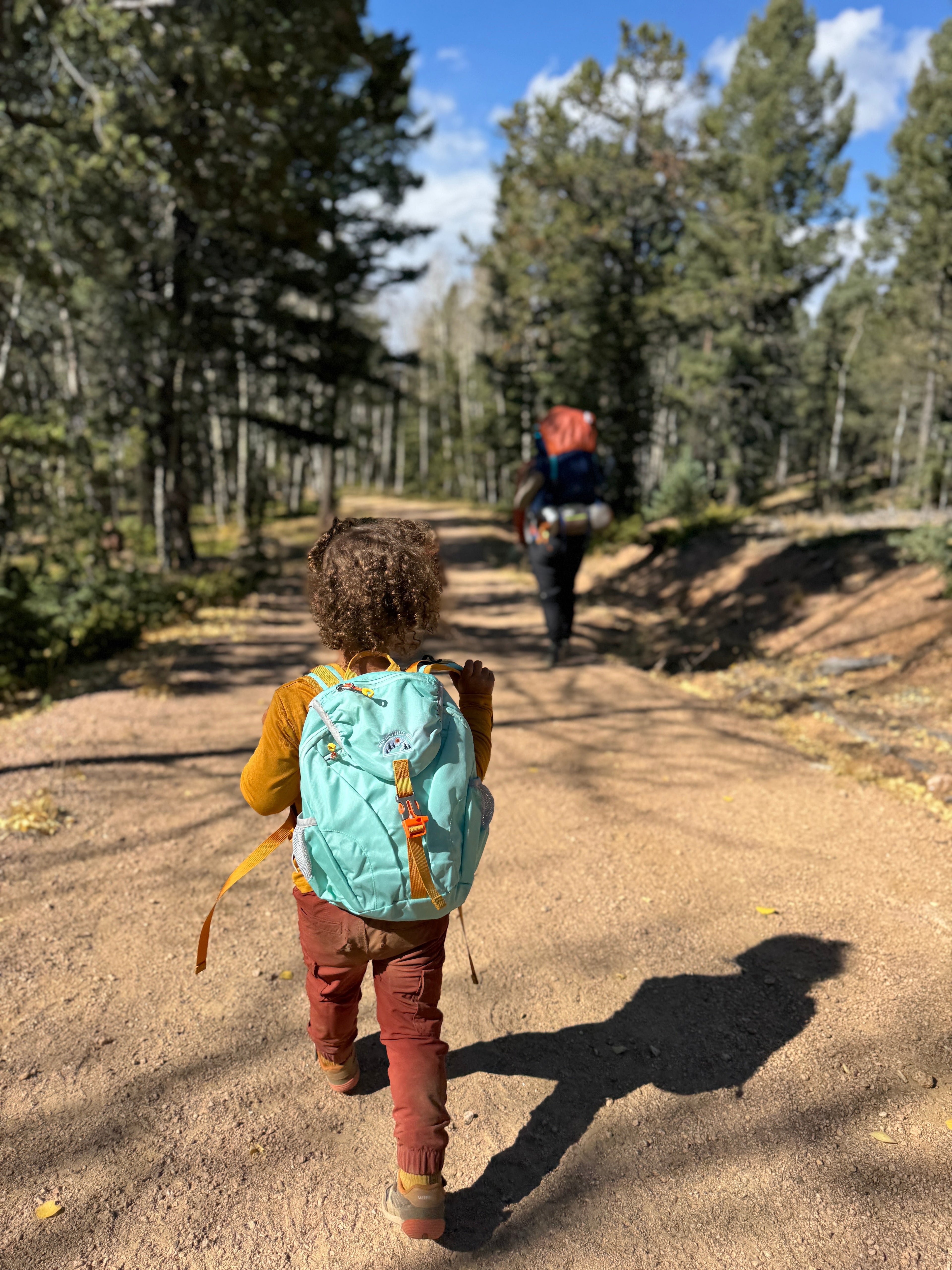Light blue kids' hiking pack by Keep the Littles Wild with water bladder system, designed for young hikers ages 2 to 7.