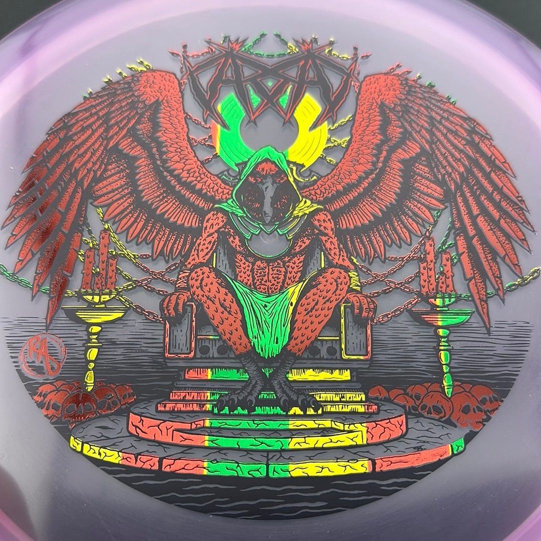 CryZtal Buzzz disc golf disc by Rare Air Discs featuring Karudi the Overseer design, used for professional disc golf play.