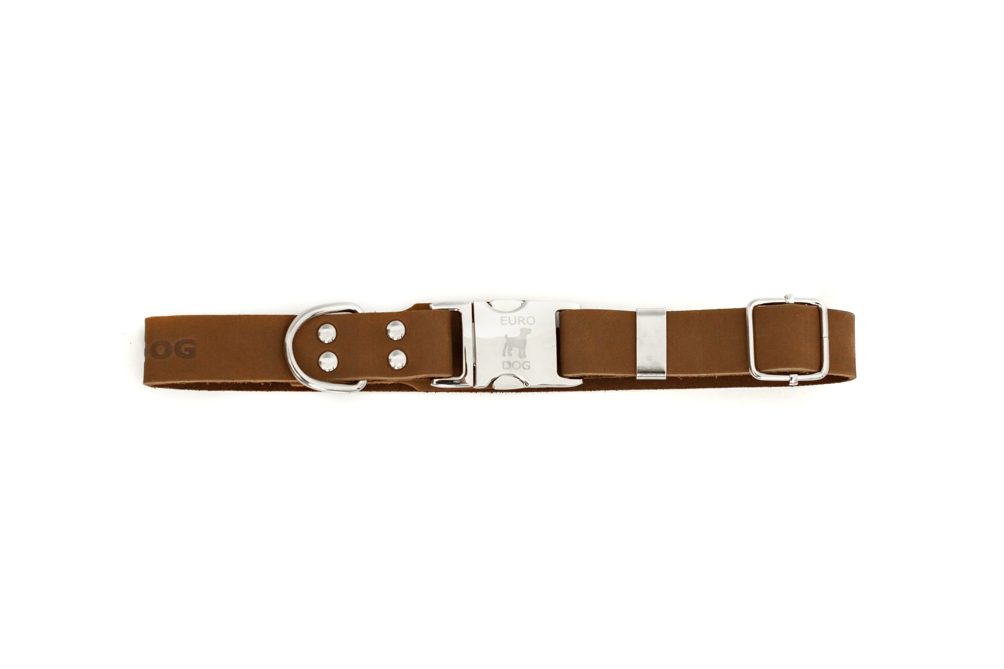 Earth brown leather dog collar with quick-release buckle, modern style, crafted by Euro-Dog Collars and Leads.