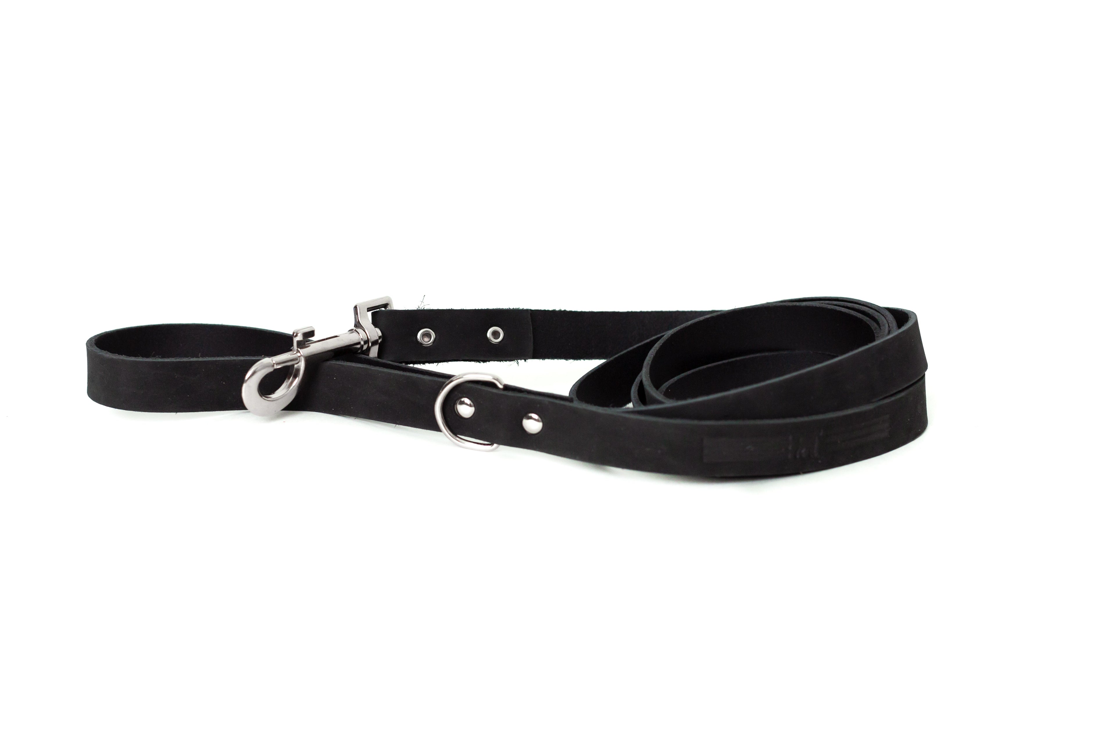 Midnight black leather dog leash by Euro-Dog Collars and Leads, modern style, durable leather for walking pets.