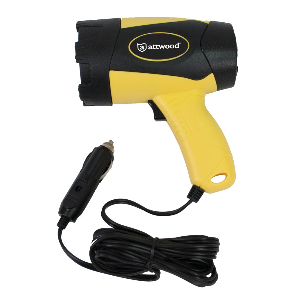 Attwood handheld spotlight by Wake World Parts, 400 lumens, 12V flashlight with adjustable handle, shown in image 50994XL.jpg.