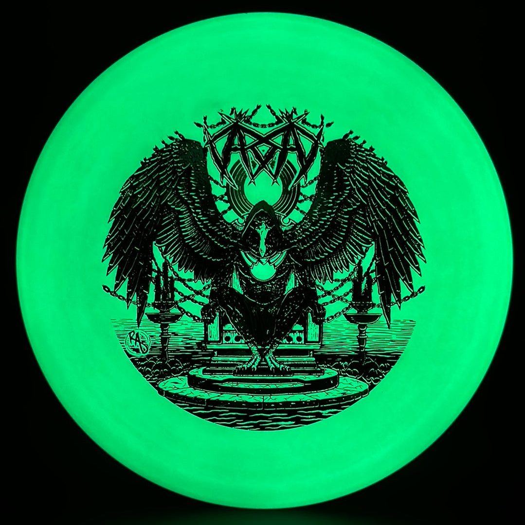ESP Glo Buzzz disc golf disc by Rare Air Discs featuring Karudi the Overseer design for ultimate throw and visibility.